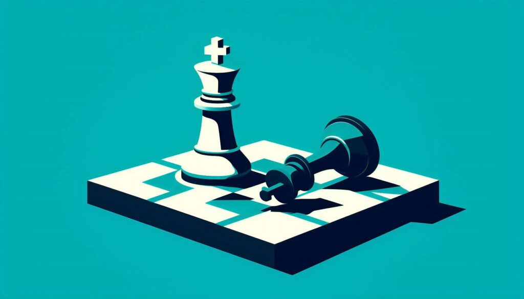 illustration of a white king on a chessboard standing upright over a toppled over black king, symbolizing the importance of strategy and why career coaches fail high performers
